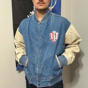 Vintage Indiana Hoosiers IU Denim Varsity Bomber Jacket Made in USA 26.25x25